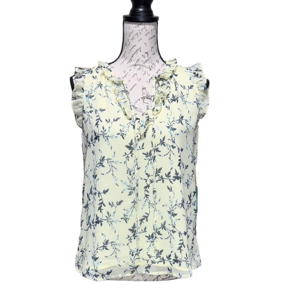 CeCe Emmet Yellow Floral Sleeveless Blouse Size XS NWT